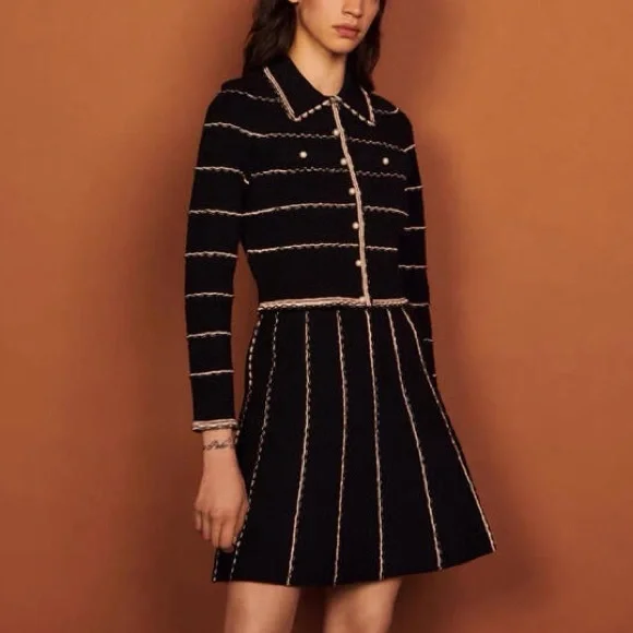 NWT Sandro Black Tweed Two-Piece Jacket & Skirt Set with Cream Trim - Picture 6 of 10